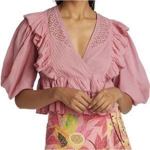 Farm Rio blush pink puff sleeve, cropped top, size large